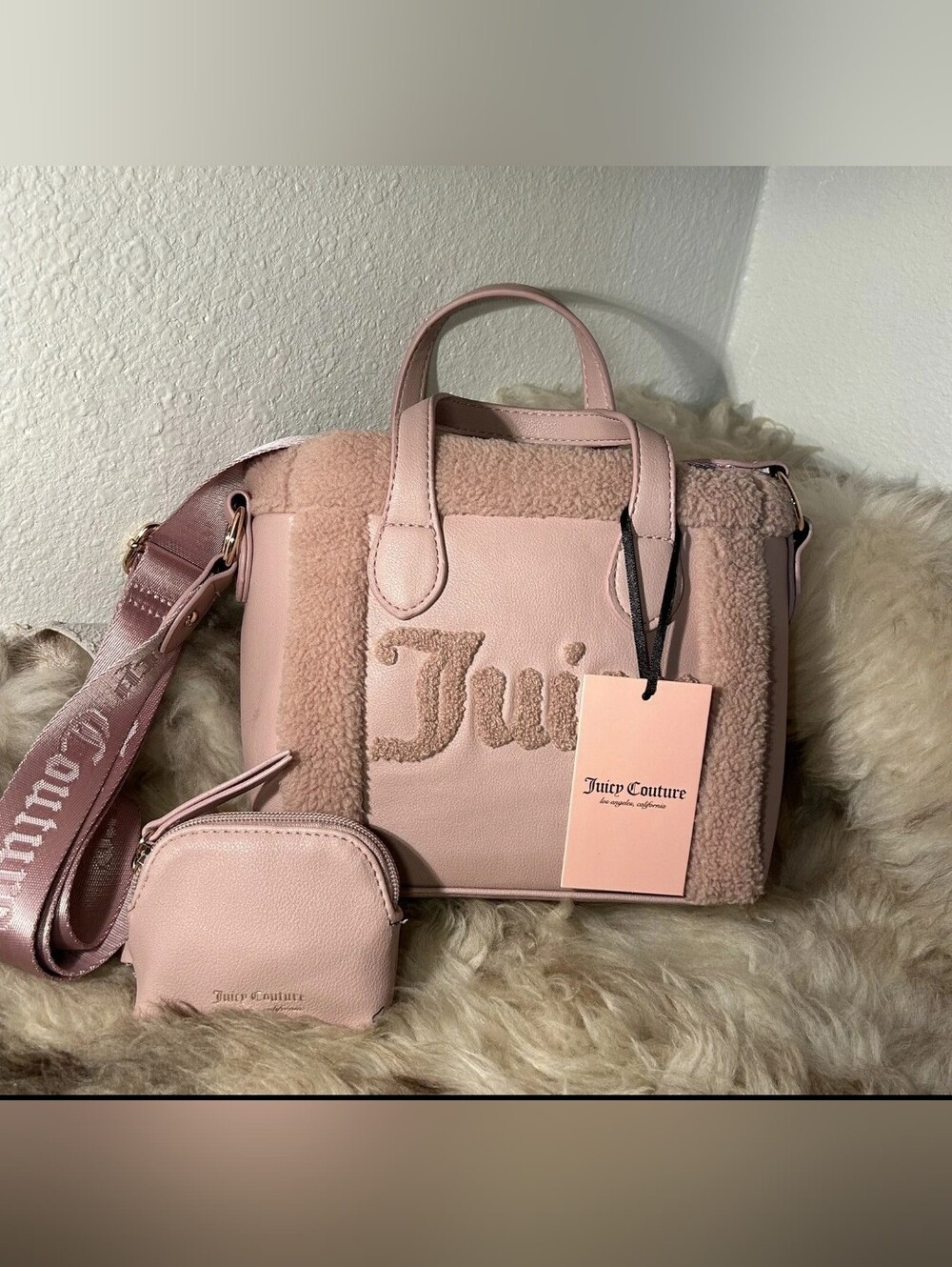 NWT JUICY COUTURE SILVER LININGS MINI TOTE IN DUSTY BLUSH W/BAG CHARM